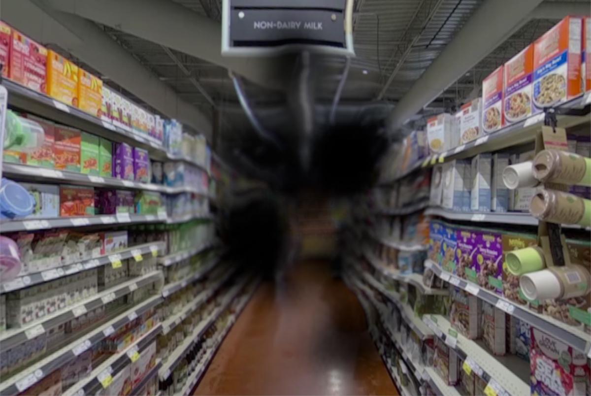 aisle of grocery store as seen by a person with AMD; center of vision has black spots and is blurry